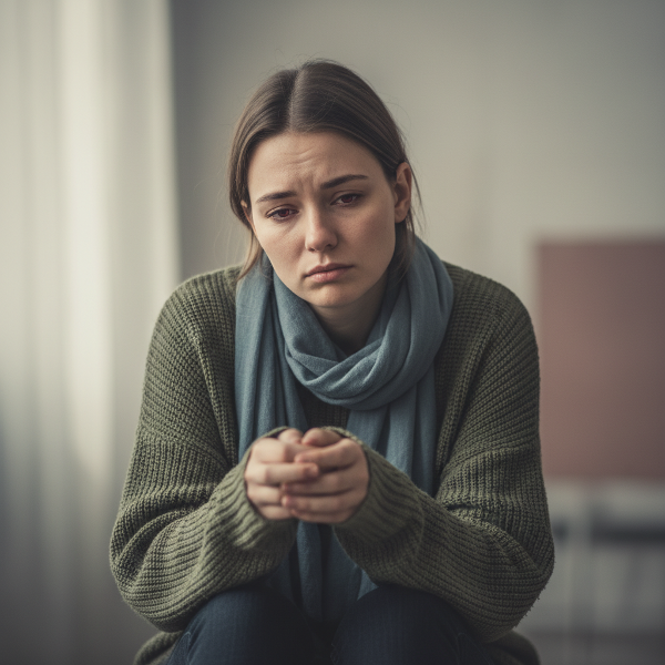 Молодая женщина с уставшим выражением лица, испытывающая эмоциональное и физическое истощение, с тонкими линиями стресса и напряжением в позе, в мягкой, приглушенной цветовой палитре.