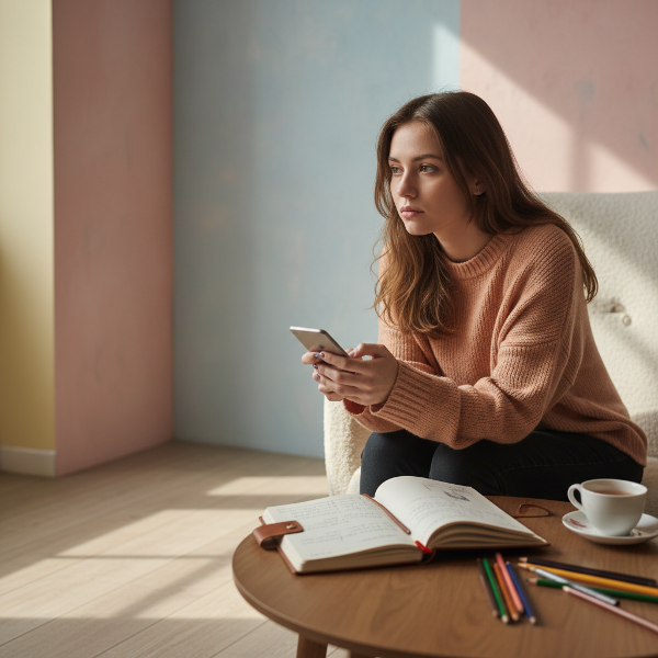 Девушка в раздумьях вечером в своей комнате, держит телефон, рядом дневник и карандаши. Мягкий свет передаёт чувство тревоги и самоанализа.