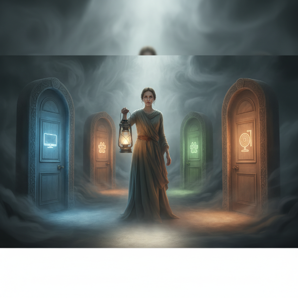 Молодая женщина в лабиринте дверей, символизирующих разные увлечения, на перепутье между поиском и самосаботажем.
