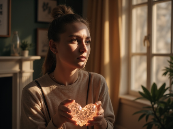 Молодая женщина в момент размышления, символическое изображение соединения разума и чувств в уютной обстановке.