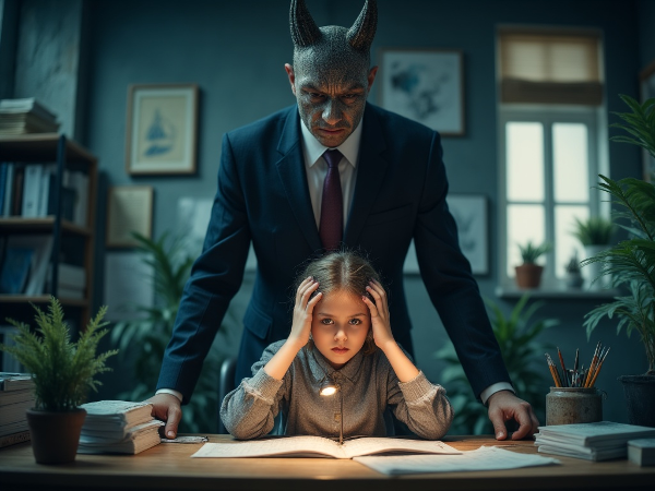 Молодая женщина испытывает тревогу на рабочем месте, символизируя давление токсичного руководителя и потерю творческого начала, с намеком на надежду.