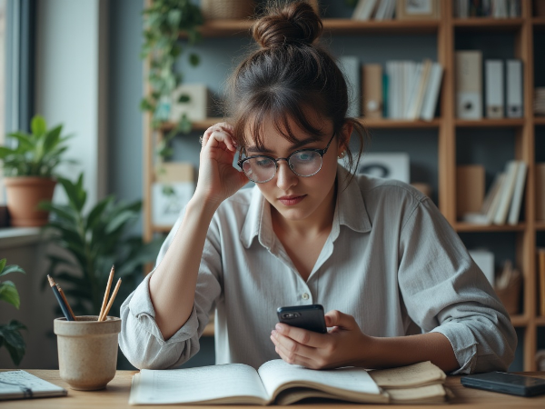 Молодая женщина, испытывающая стресс от зависимости от смартфона и прокрастинации на работе, в поисках баланса и концентрации.