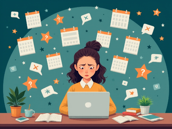 Девушка за рабочим столом в состоянии прокрастинации, окруженная символами дедлайнов и отвлекающих факторов.