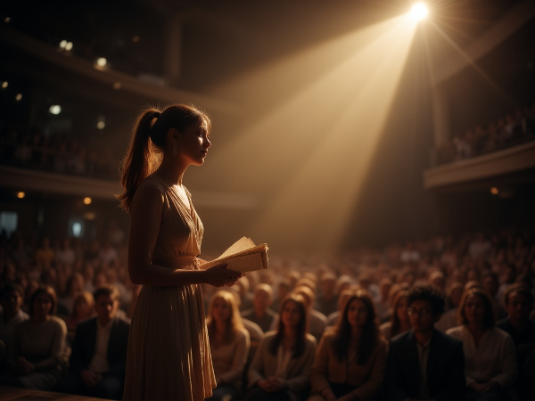 Молодая женщина готовится к публичному выступлению, преодолевая волнение и обретая уверенность в себе.