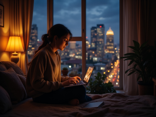 Молодая женщина в уютной квартире за ноутбуком, глядящая в окно на огни города, с ощущением одиночества, но с надеждой и теплым светом.