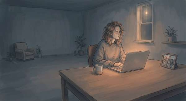Молодая женщина в одиночестве работает удаленно, ощущая пустоту и тревогу, но с надеждой на новые связи.
