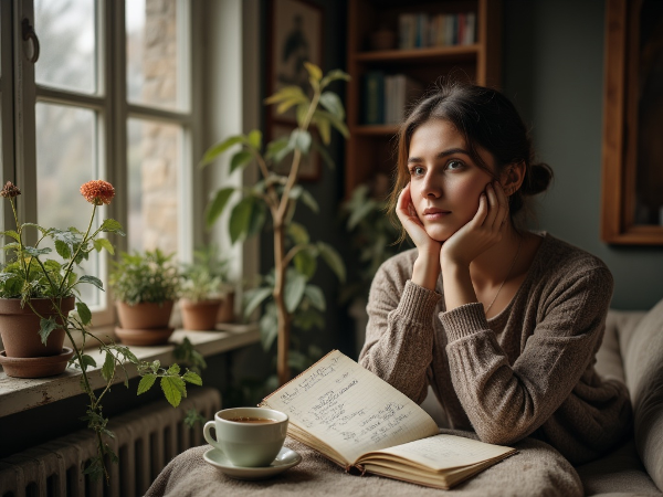 Молодая женщина в период самоанализа после увольнения, окруженная символами тревоги и надежды на обновление.