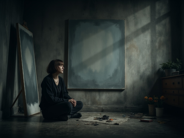 Молодая женщина в полумраке комнаты, смотрящая в стену, рядом пустой холст и разбросанные художественные принадлежности.