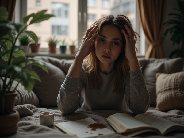 Молодая женщина в новой квартире переживает вспышку гнева из-за разлитого кофе, символизирующую накопленный стресс и одиночество после переезда.