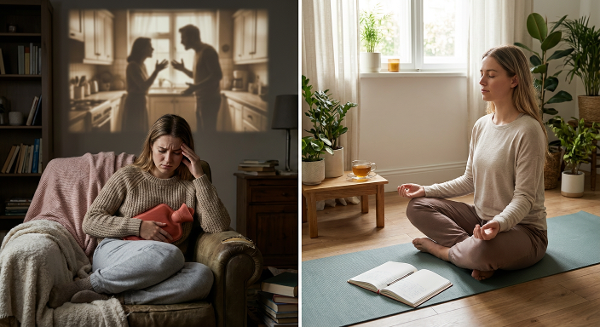 Молодая женщина в своей комнате испытывает физические симптомы стресса, на фоне видны тени детских конфликтов, но она находит успокоение через практики осознанности.