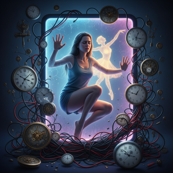 Молодая женщина, чувствующая себя в ловушке светящегося экрана, символизирующего зависимость от сериалов, с элементами времени и альтернативного выхода в виде танца.