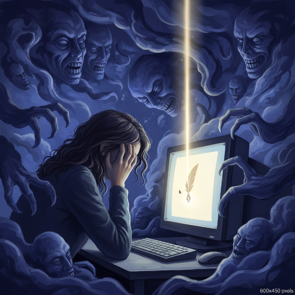 Девушка борется с писательским блоком и страхом перед пустым документом, но луч надежды пробивается сквозь тревогу.